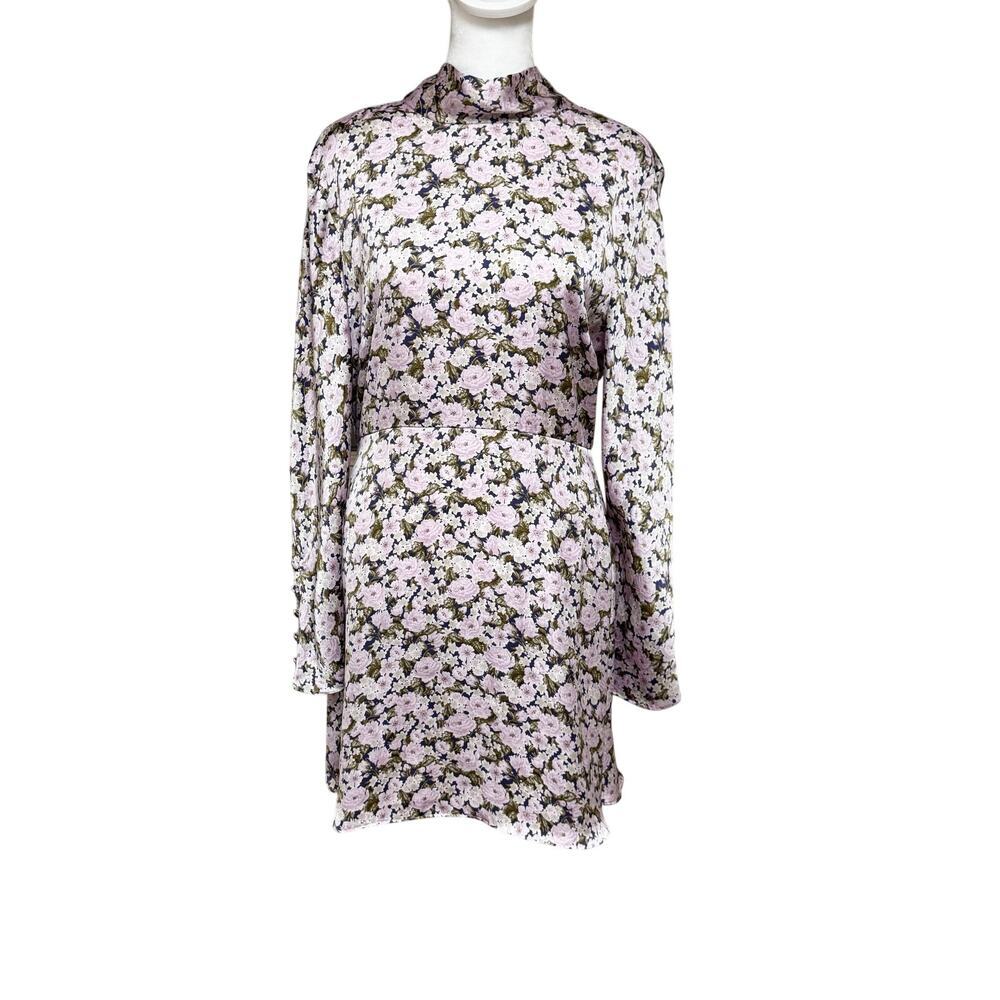 Zara Floral Mini Dress Tie Neck Long Sleeve Satin Size M